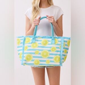 Sliced Lemon Striped Tote Bag|Blue+Yellow